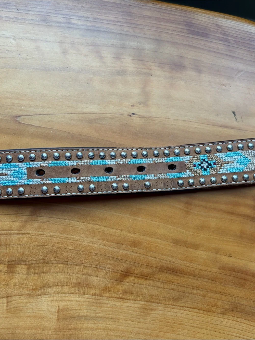 Embroidered Western-Style Brown Leather Belt with Turquoise Accents